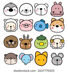 Cartoon Animal Head Set Cute Funny Bold Line Color Baby Isolated
