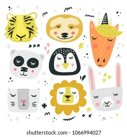 Cartoon animal heads bundle. Modern concept of flat design for kids cards, banners and invitations. Hand drawn vector illustration.