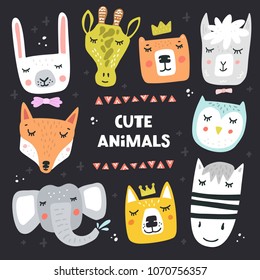 Cartoon animal heads bundle. Modern concept of flat design for kids cards, banners and invitations. Hand drawn vector illustration.