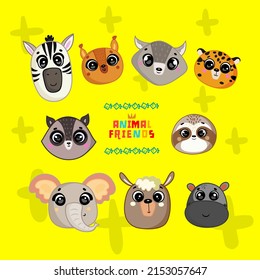 Cartoon animal heads bundle. Modern concept of vector illustration for kids cards, banners and invitations. Hand drawn vector illustration.