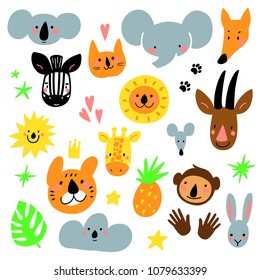 Cartoon animal heads set. Modern concept of flat design for kids cards, banners, stickers, tattoos, badges and invitations. Hand drawn vector illustration.