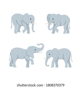 Cartoon Animal Icon Set. Different Poses Of Elephant. Vector Illustration For Prints, Clothing, Packaging, Stickers.