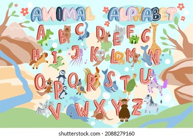 Cartoon animal illustrated alphabet from A to Z. Vector illustration. Funny cute animals. English alphabet. Learn to read