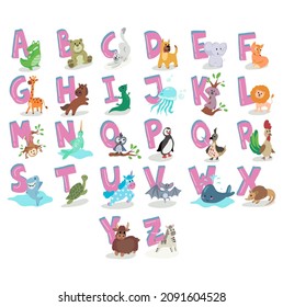Cartoon animal illustrated alphabet from A to Z. Vector illustration. Funny cute animals. English alphabet. Learn to read