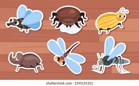 Cartoon animal insects beetle fly bugs stickers isolated set. Vector graphic design illustration