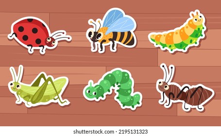 Cartoon animal insects beetle fly bugs stickers isolated set. Vector graphic design illustration