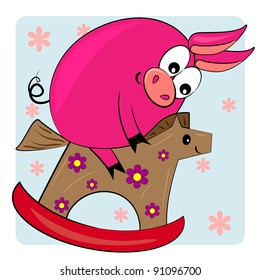 cartoon animal kid playing toy vector illustration.cute pig riding horse card with floral background