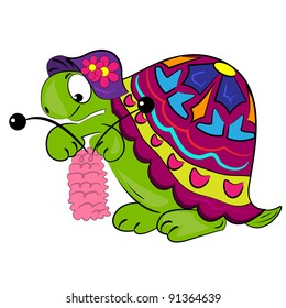 cartoon animal knitting.cute vector turtle character with knitting needles