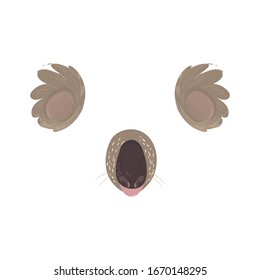 Cartoon animal koala face or mask items the nose and ears flat vector illustration isolated on white background. Funny assets for your selfie photo decoration and game design.