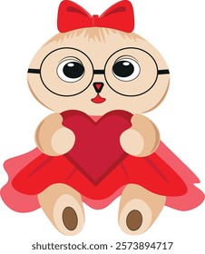 A cartoon animal in large round glasses holds a red heart in its paws. The animal looks very charming and friendly, creating a warm and joyful mood. This image is perfect for Valentine's Day cards, gi