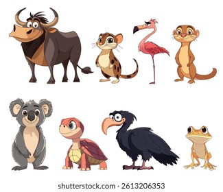 Cartoon animal lineup: A whimsical collection of wildlife characters, bursting with personality and charm, ready for adventure!