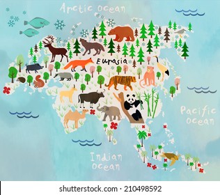 Cartoon animal map. Eurasia