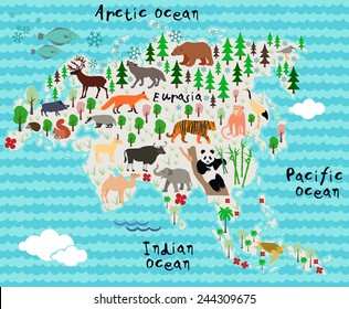 Cartoon animal map. Eurasia