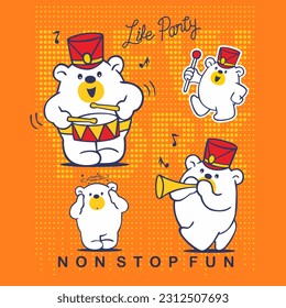 Cartoon animal marching band parade instruments, vector illustration.