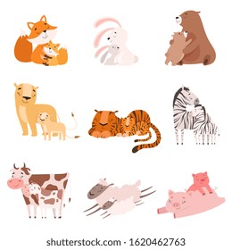 Cartoon Animal Mother and Her Cub Vector illustrations Set