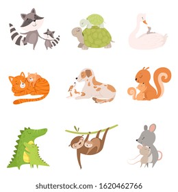 Cartoon Animal Mother and Her Cub Vector illustrations Set