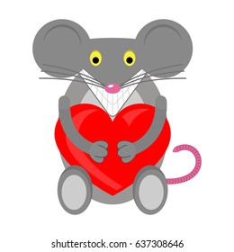 The cartoon animal mouse and red heart. Vector illustration. Clipart and drawing.