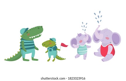 Cartoon Animal Parent with Baby or Cub Vector Set