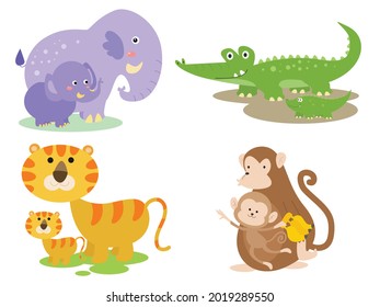 Cartoon Animal Parent with their cub, illustration set, isolated on white background