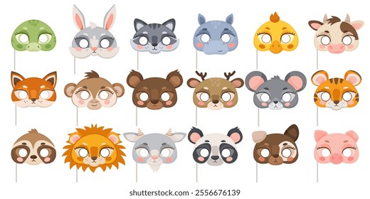 Cartoon animal party half masks. Carnival props. Kids funny gaming elements. Photo booth objects. Cute hare and chicken. Birthday costume. Deer and tiger. Panda head