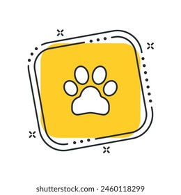 Cartoon animal paw icon vector illustration. Footprint on isolated yellow square background. Foot sign concept.