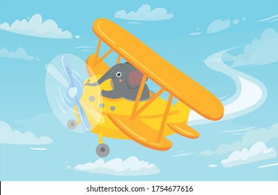 Piloto de animales de dibujos animados. Elefante en avión. Un personaje de bebé gracioso volando en un avión en el cielo entre nubes. Pequeño elefante en avión para tarjeta de saludo, libro para niños ilustración vectorial.