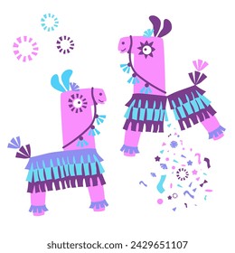 Pinata animal de dibujos animados aislado sobre fondo blanco. Ilustración vectorial de coloridos accesorios de papel en forma de lama, para la fiesta tradicional mexicana