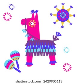 Pinata animal de dibujos animados aislado sobre fondo blanco. Ilustración vectorial de coloridos accesorios de papel en forma de lama, para la fiesta tradicional mexicana.