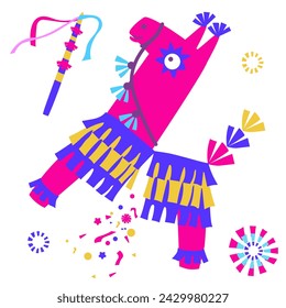 Pinata animal de dibujos animados aislado sobre fondo blanco. Ilustración vectorial de coloridos accesorios de papel en forma de lama, para la fiesta tradicional mexicana