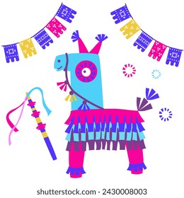 cartoon animal pinata isolated on white background. Vector illustration of colorful paper accessories in shape of pink llama, for party