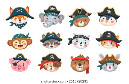 Caricaturas de piratas e corsários. Marinheiro, capitão, capitão e capitão personagens de gato bonito, cão, raposa e coelho com chapéus de traje pirata, bandanas e tapa-olho. Corsários de macacos e ursos engraçados