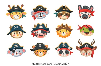 Piratas de animales de dibujos animados, filibusteros, corsarios y personajes de marinero capitán, caras divertidas de Vector. Piratas caribeños de animales de zoológico en sombrero tricornio con huesos cruzados de cráneo Jolly Roger o parche de ojo de corsario