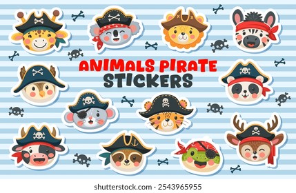 Cartoon animal pirates, filibusters and corsairs characters stickers pack. Vector personages of cute tiger, giraffe, lion and bear animal pirate captains and sailors with hats, eye patches and bandana