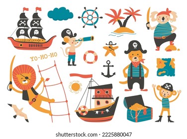 Cartoon animal pirates, ocean adventures marine elements. Cute kids pirate, sailing ship and seagull. Lion koala sailor, monkey with treasure, classy vector collection