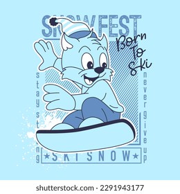 Cartoon animal playing snowboard sport, vector illustration.