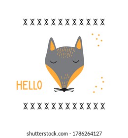 Cartoon animal portrait with sleepy fox face. Vector illustration with wild predatory animal. Beautiful design for printing greeting card, poster, t-shirt, baby clothes, fabric