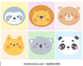 Cartoon animal portraits. Vector with cute cat, bear, koala, panda, sloth and lion. Design  for baby.