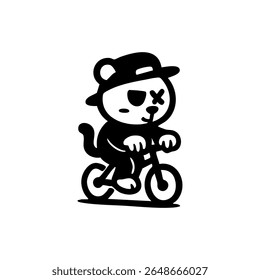 A cartoon animal, possibly a bear or cat, wearing a hat, rides a bicycle