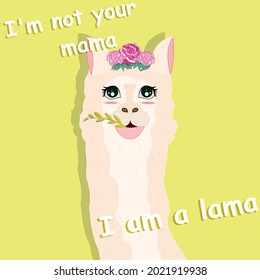 Cartoon animal for print design. Animal fur texture. Fashion print. Vector drawing. Decoration illustration. Floral. Yellow background. Alpaca. Llama white. Beautiful character for decoration poster.