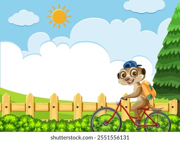 Cartoon animal riding a bike in sunny landscape