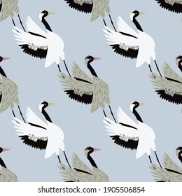 Cartoon animal seamless pattern with hand drawn crane bird print. Light blue background. Chinese design. Designed for fabric design, textile print, wrapping, cover. Vector illustration