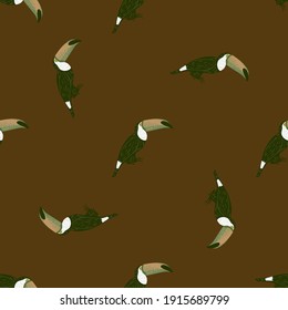 Cartoon animal seamless pattern with hand drawn toucan bird print. Brown background. SImple design. Flat vector print for textile, fabric, giftwrap, wallpapers. Endless illustration.