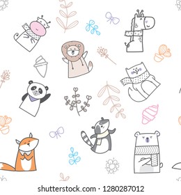 Cartoon animal seamless pattern.hand drawn vector illustration/can be used for kid's,baby's shirt design,fashion print design,fashion graphic,t-shirt,tee - Vector