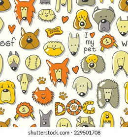 Cartoon animal seamless vector pattern of dog breed. Endless texture can be used for printing onto fabric, web page background, pattern fills, surface textures and paper or invitation.