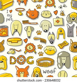 Cartoon animal seamless vector pattern of dog breed. Endless texture can be used for printing onto fabric, web page background, pattern fills, surface textures and paper or invitation.