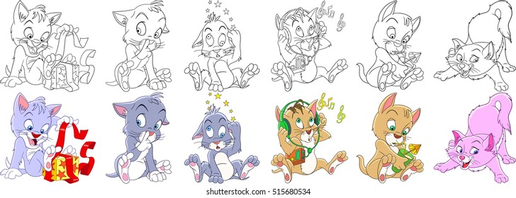 Cartoon animal set. Childish collection of cats and kittens with different emotions. Coloring book pages for kids.