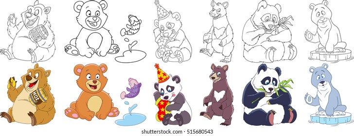 Cartoon animal set. Childish collection of bears and pandas with different emotions. Coloring book pages for kids.