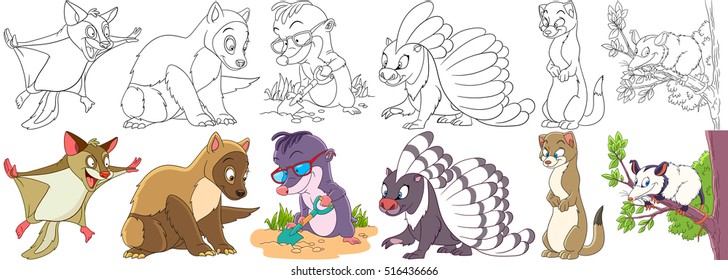 Cartoon animal set. Childish collection of fluffy rodents. Squirrel, marten, ferret, polecat, mole, porcupine, weasel, otter, opossum. Coloring book pages for kids.