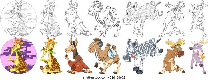 Juego de caricaturas para animales. Colección infantil de mamíferos encapuchados. Grafa, alpaca de lama, camello, cebra, alce, alce, ciervo, reno. Colorando páginas de libros para niños.