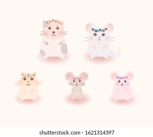 Cartoon animal set. Collection of rodents. Mouse , rat, hamster, guinea pig, chinchilla with a wreath from flowers, flower ring. Vector illustration.